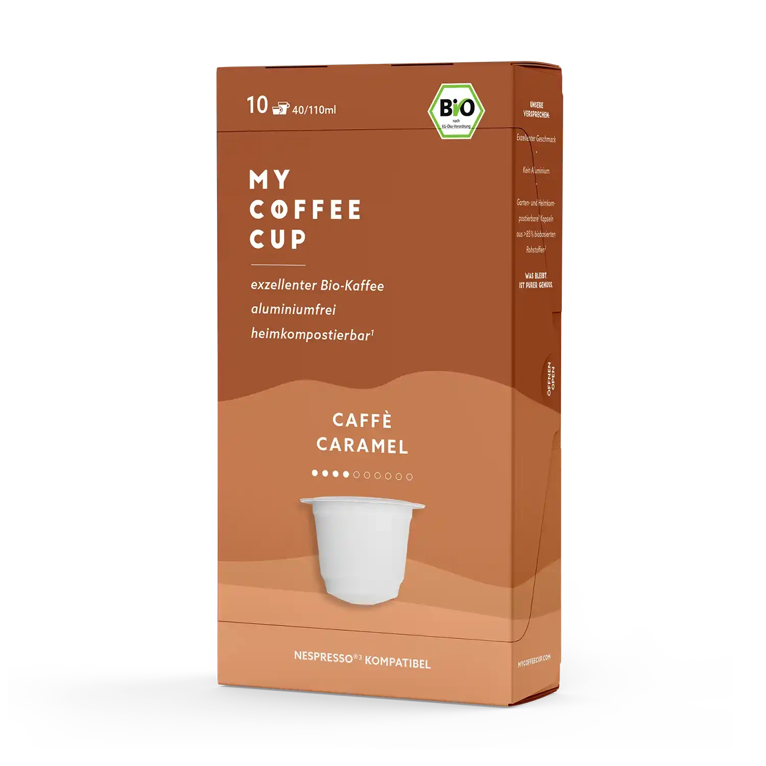 Nespresso kompatible Kapseln - caffe caramel side profile - MyCoffeeCup.ch